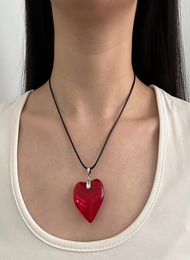 DOLLESS Big Heart Necklace for Women Chunky Glass Puffy Big Heart Pendant Choker Necklace (Red) - Image 2